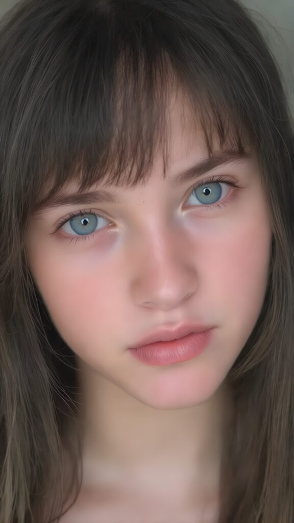 a young adult teen girl with black hair, bangs, she has her head tilted slightly to one side and looks at the viewer with her deep blue eyes. Her skin is flawless and she has full, plump red lips. Her eyes are dark, dark song line and mascara. She has a youthful round head and her mouth is slightly open, white teeth. She has an innocent look. Her head is centered in the realistic photo.