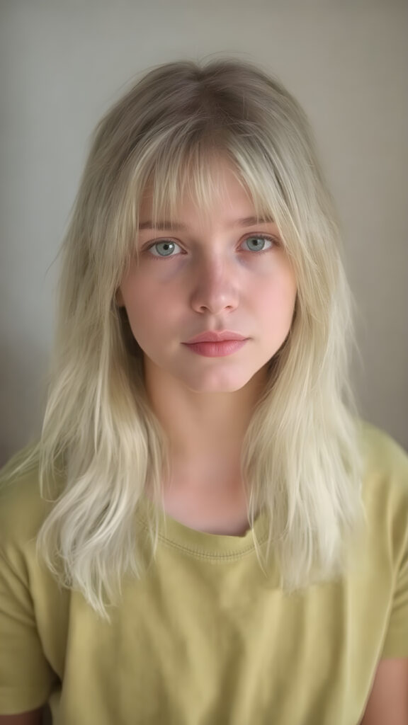a young adult tomboy girl, dressed in green light t-shirt, with ((long neon light green soft hair)), green eyes, gentle face