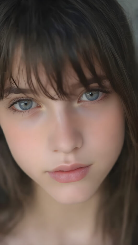 a young adult teen girl with black hair, bangs, she has her head tilted slightly to one side and looks at the viewer with her deep blue eyes. Her skin is flawless and she has full, plump red lips. Her eyes are dark, dark song line and mascara. She has a youthful round head and her mouth is slightly open, white teeth. She has an innocent look. Her head is centered in the realistic photo.