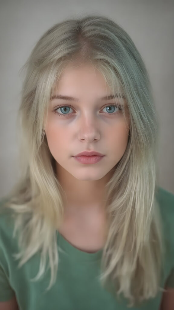 a young adult tomboy girl, dressed in green light t-shirt, with ((long neon light green soft hair)), green eyes, gentle face
