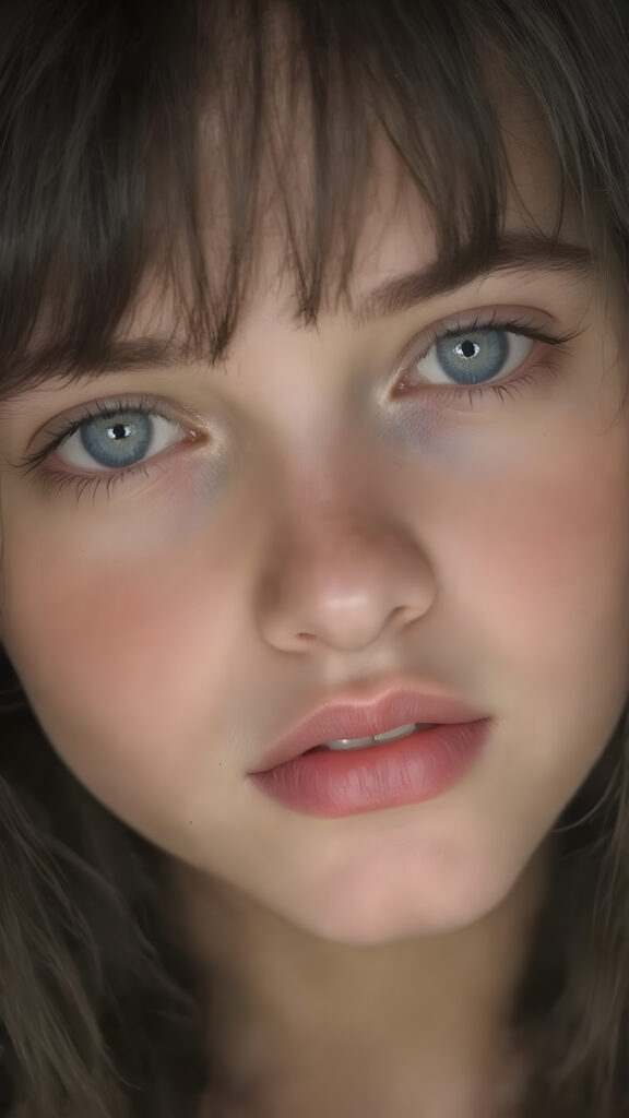 a young adult teen girl with black hair, bangs, she has her head tilted slightly to one side and looks at the viewer with her deep blue eyes. Her skin is flawless and she has full, plump red lips. Her eyes are dark, dark song line and mascara. She has a youthful round head and her mouth is slightly open, white teeth. She has an innocent look. Her head is centered in the realistic photo.