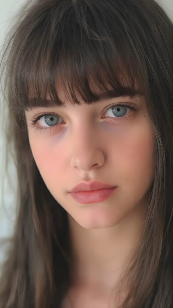 a young adult teen girl with black hair, bangs, she has her head tilted slightly to one side and looks at the viewer with her deep blue eyes. Her skin is flawless and she has full, plump red lips. Her eyes are dark, dark song line and mascara. She has a youthful round head and her mouth is slightly open, white teeth. She has an innocent look. Her head is centered in the realistic photo.