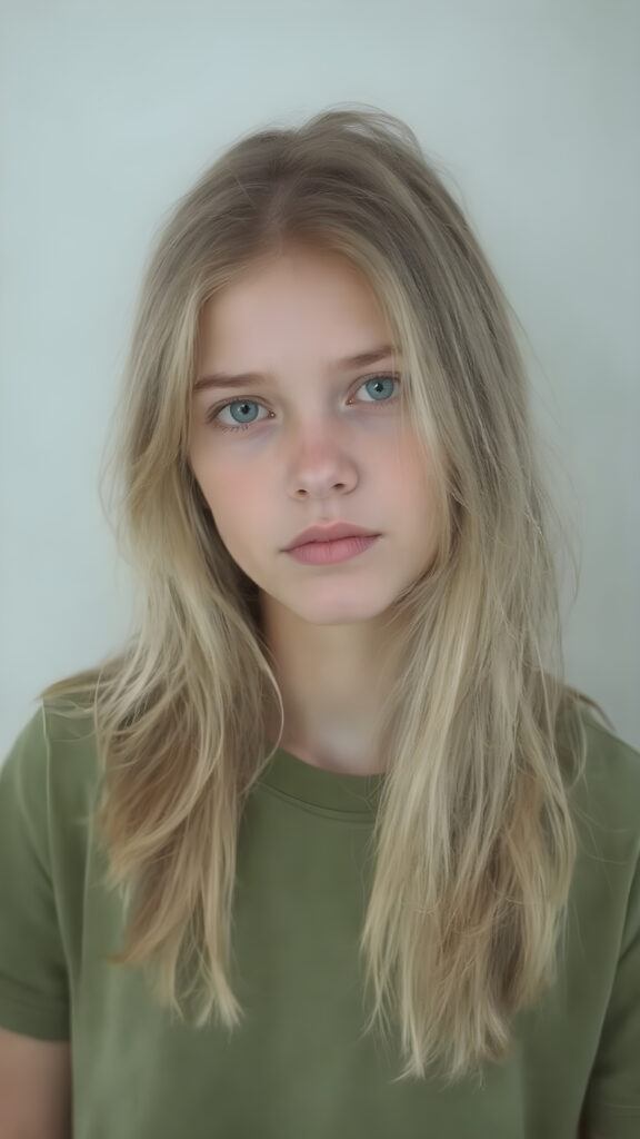 a young adult tomboy girl, dressed in green light t-shirt, with ((long neon light green soft hair)), green eyes, gentle face
