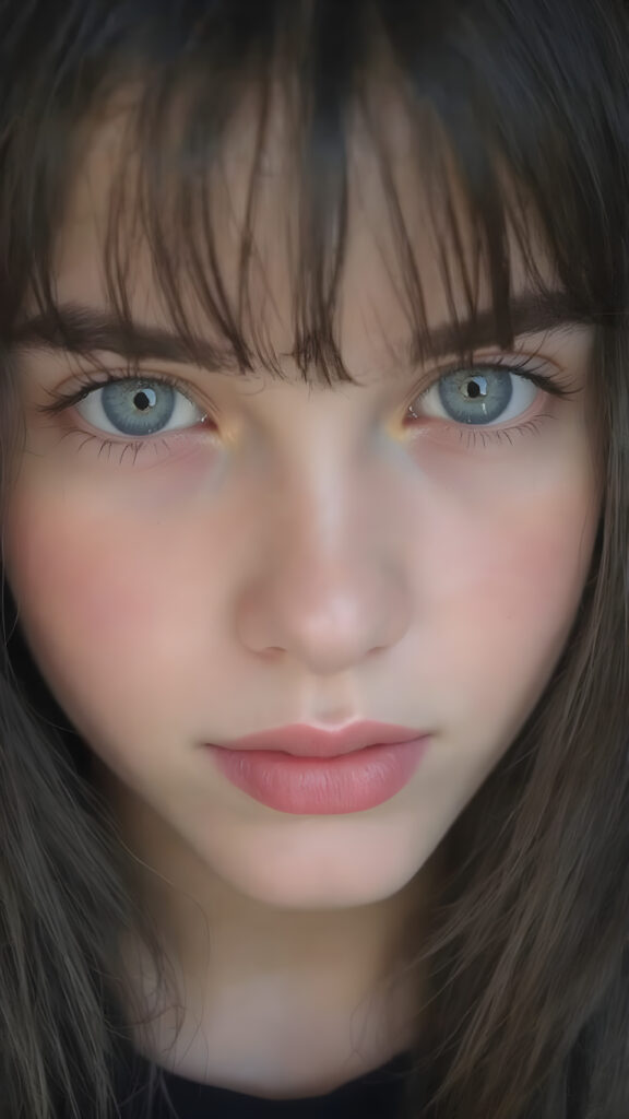 a young adult teen girl with black hair, bangs, she has her head tilted slightly to one side and looks at the viewer with her deep blue eyes. Her skin is flawless and she has full, plump red lips. Her eyes are dark, dark song line and mascara. She has a youthful round head and her mouth is slightly open, white teeth. She has an innocent look. Her head is centered in the realistic photo.