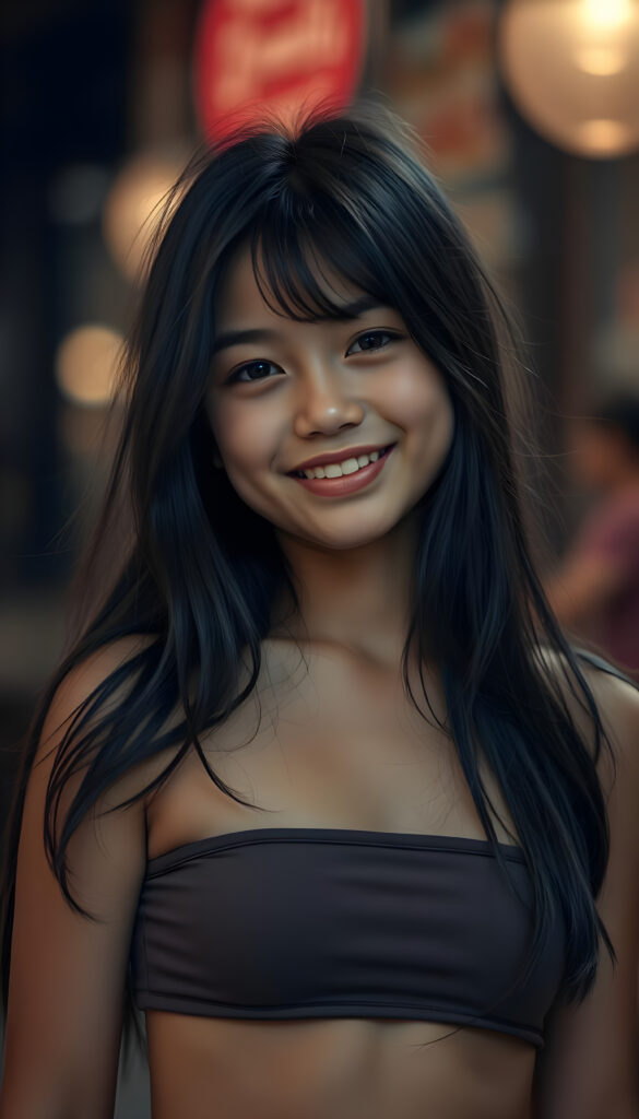 a young and cute teen girl, dark long jet hair, smile, dark dressed in a thin cropped tube top that support her perfect fit and curvy body, in gotic style