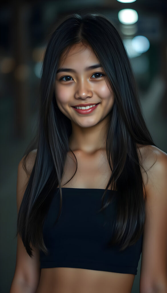 a young and cute teen girl, dark long jet hair, smile, dark dressed in a thin cropped tube top that support her perfect fit and curvy body, in gotic style