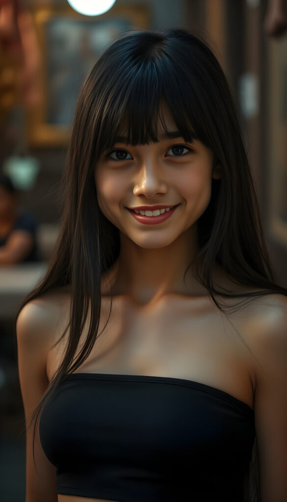 a young and cute teen girl, dark long jet hair, smile, dark dressed in a thin cropped tube top that support her perfect fit and curvy body, in gotic style