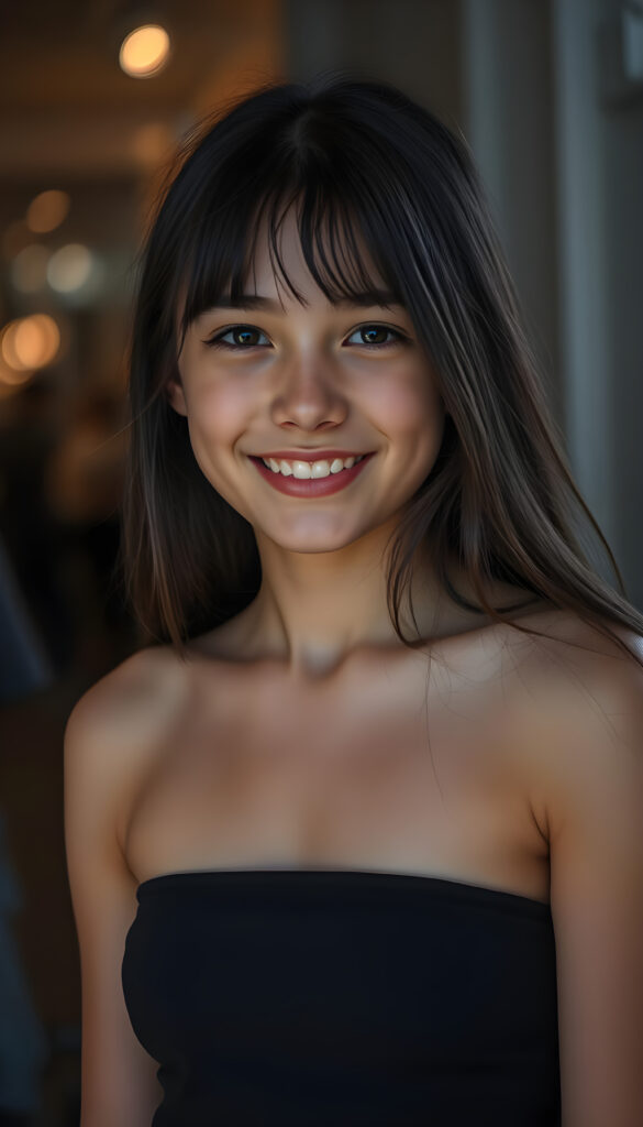 a young and cute teen girl, dark long jet hair, smile, dark dressed in a thin cropped tube top that support her perfect fit and curvy body, in gotic style