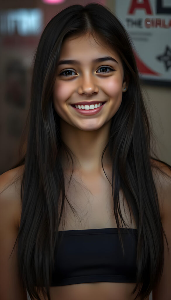 a young and cute teen girl, dark long jet hair, smile, dark dressed in a thin cropped tube top that support her perfect fit and curvy body, in gotic style