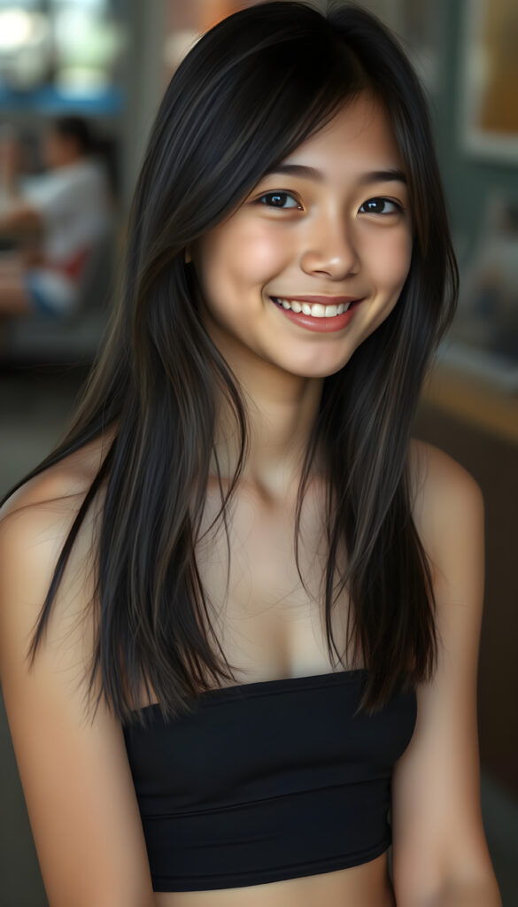 a young and cute teen girl, dark long jet hair, smile, dark dressed in a thin cropped tube top that support her perfect fit and curvy body, in gotic style