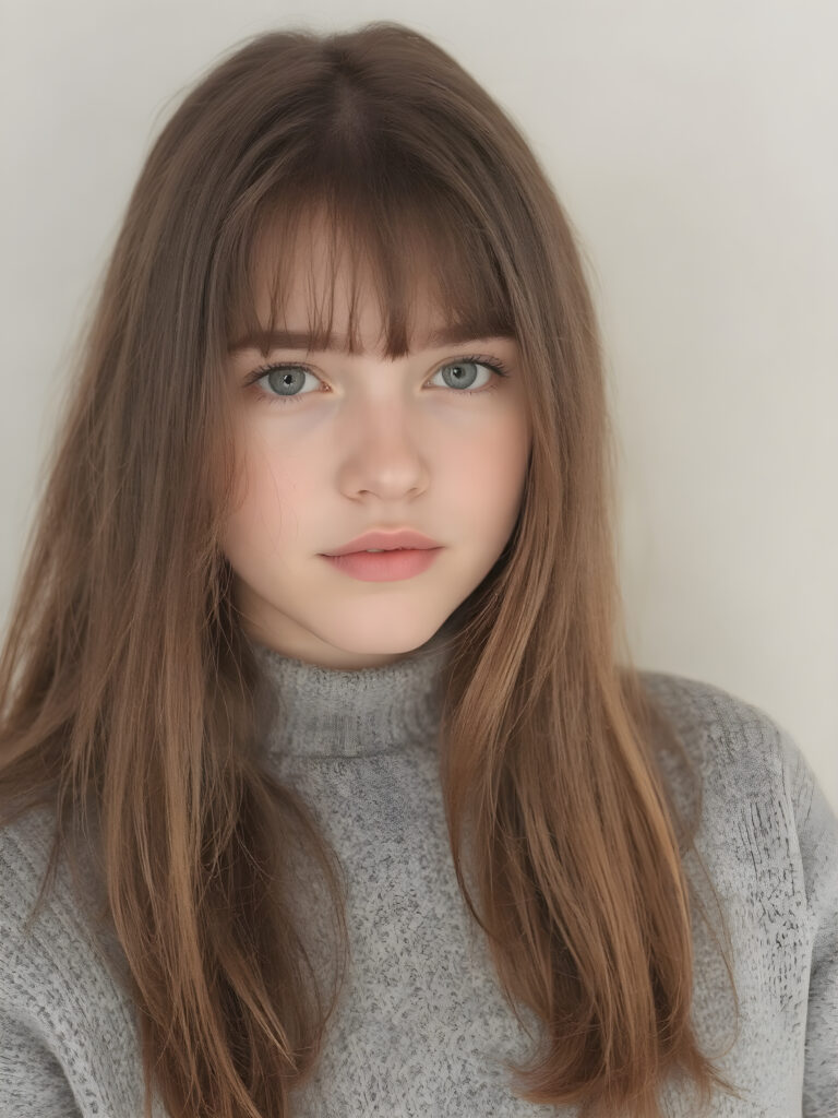 a young and gorgeous and stunning teen girl wears a fine grey sweater: perfecting the art of proportionality, with each body part meticulously crafted to its fullest extent, visualize a (((perfect straight very long jet light brown hair, with no fringes or bangs, cut to frame her face in a subtle yet sophisticated detail))) that complements the natural beauty of her features. The scene is advanced with intricate details like a ((fine wool cropped top)), ((insisting on the perfect symmetry and balance of its intricate details)), set against a (softly detailed, high-resolution backdrop) that showcases the advanced lighting technique of RTX On for a stunningly detailed, 8K cinematic portrait