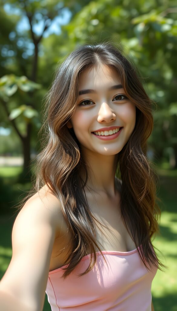 a (((young, attractive teen girl, long wavy brown hair))) in a (((carefree, happy expression))), surrounded by an air of exuberance and vivacity, short thin spaghetti top in pink, take a selfie in a green sunny park, silver necklace with a heart.