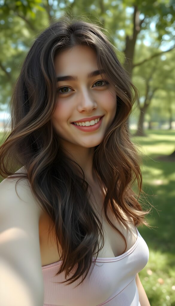 a (((young, attractive teen girl, long wavy brown hair))) in a (((carefree, happy expression))), surrounded by an air of exuberance and vivacity, short thin spaghetti top in pink, take a selfie in a green sunny park, silver necklace with a heart.
