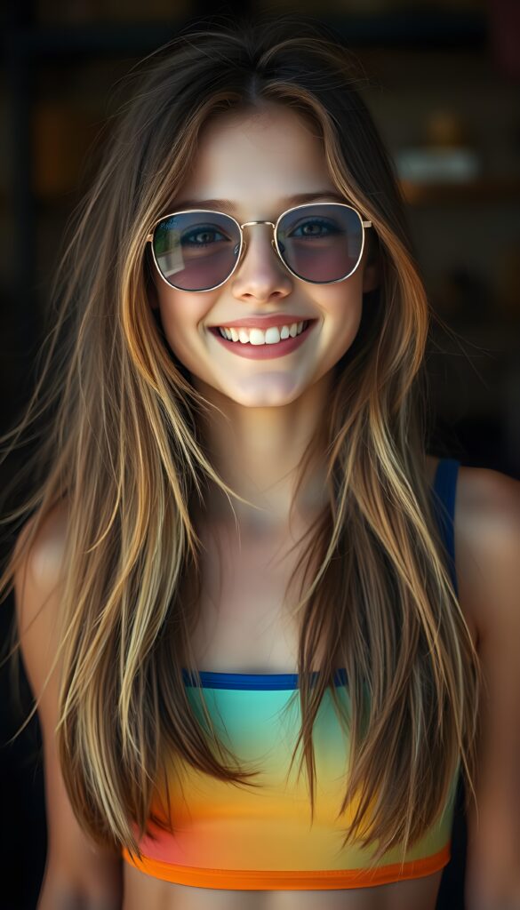 a (((young, attractive teen girl))) long straight flowing brown and blond hair in a (((carefree, happy expression))), surrounded by an air of exuberance and vivacity, she wears a rainbow colorful thin cropped tank top. Sunglasses.