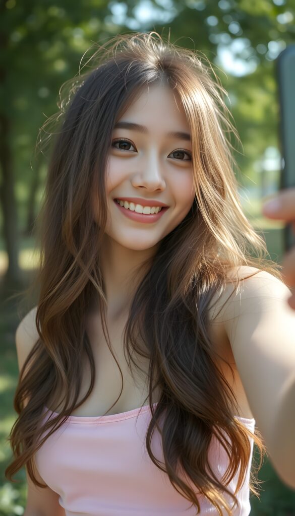 a (((young, attractive teen girl, long wavy brown hair))) in a (((carefree, happy expression))), surrounded by an air of exuberance and vivacity, short thin spaghetti top in pink, take a selfie in a green sunny park, silver necklace with a heart.