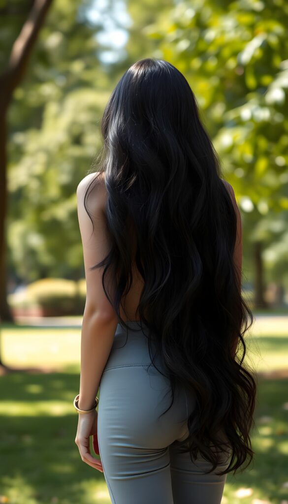 a (((young, beautiful girl))), with luxuriously shiny (((black wavy hair, falls down to her back))), dressed in a sleek, ((light grey tight leggins pants)) that showcases her flawless figure and contours, against a backdrop in a sunny green park. View from the back.
