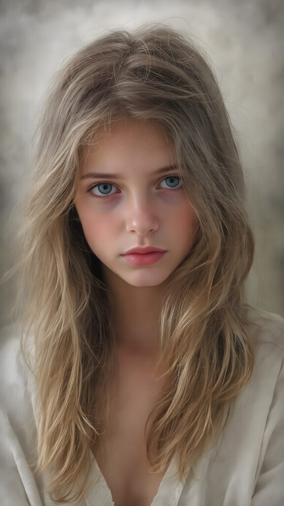 a young, beautiful girl with long, wavy, soft golden and brown hair. She resembles an angel, without wings. A wonderful aura surrounds the girl and conjures up a fantastic atmosphere; she is wearing a thin, white robe