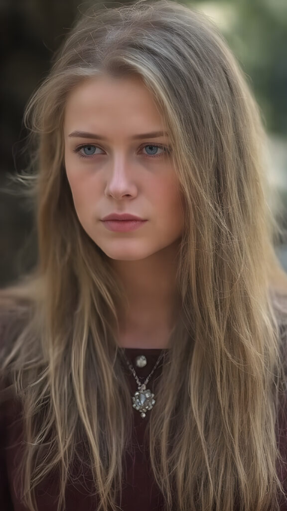 a young, beautiful woman in the costume of Eva, long straight full soft blond and brown hair falls down