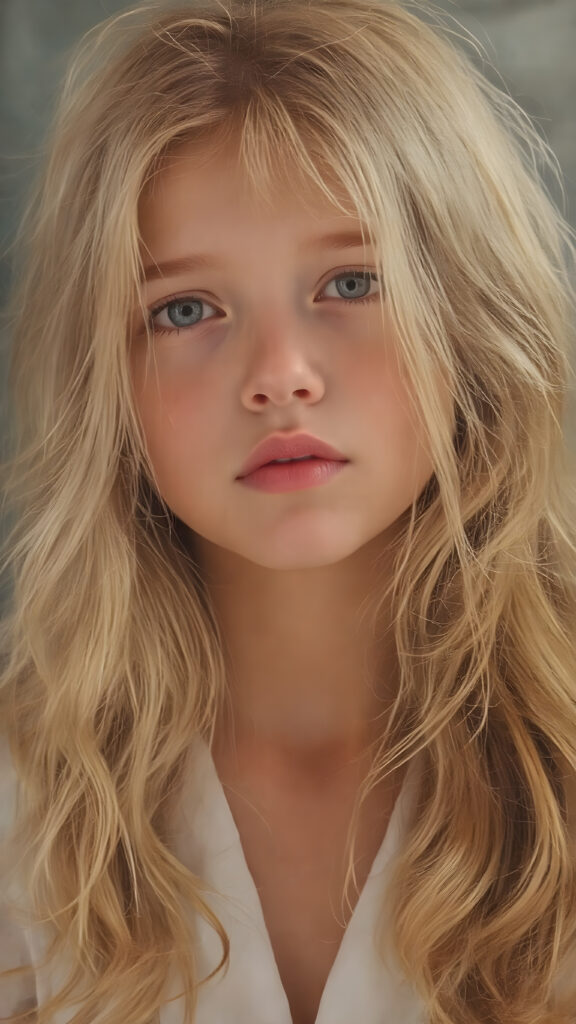 a young, beautiful girl with long, wavy, soft golden and brown hair. She resembles an angel, without wings. A wonderful aura surrounds the girl and conjures up a fantastic atmosphere; she is wearing a thin, white robe