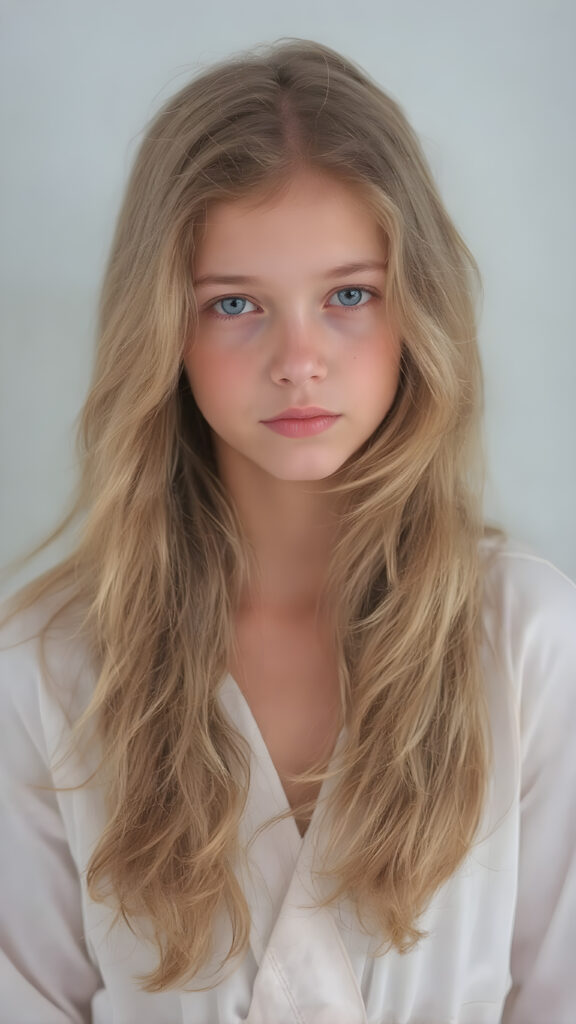 a young, beautiful girl with long, wavy, soft golden and brown hair. She resembles an angel, without wings. A wonderful aura surrounds the girl and conjures up a fantastic atmosphere; she is wearing a thin, white robe