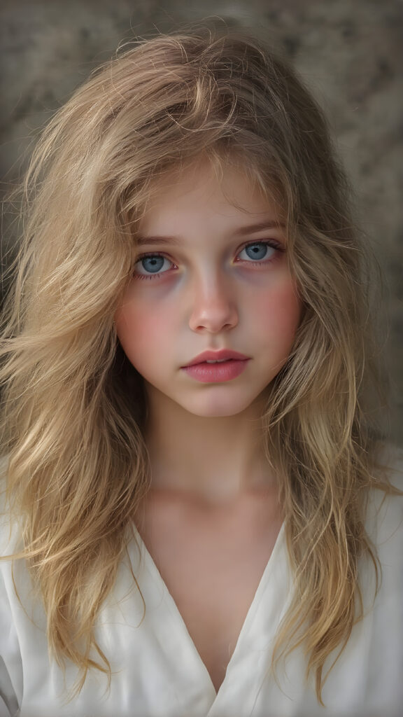 a young, beautiful girl with long, wavy, soft golden and brown hair. She resembles an angel, without wings. A wonderful aura surrounds the girl and conjures up a fantastic atmosphere; she is wearing a thin, white robe