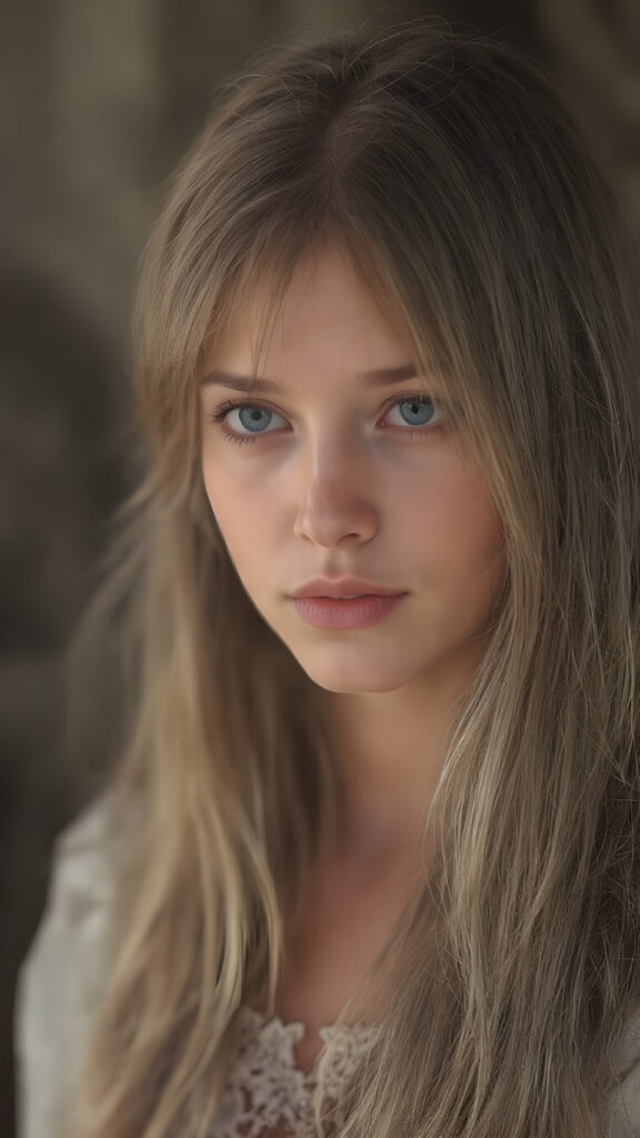 a young, beautiful woman in the costume of Eva, long straight full soft blond and brown hair falls down