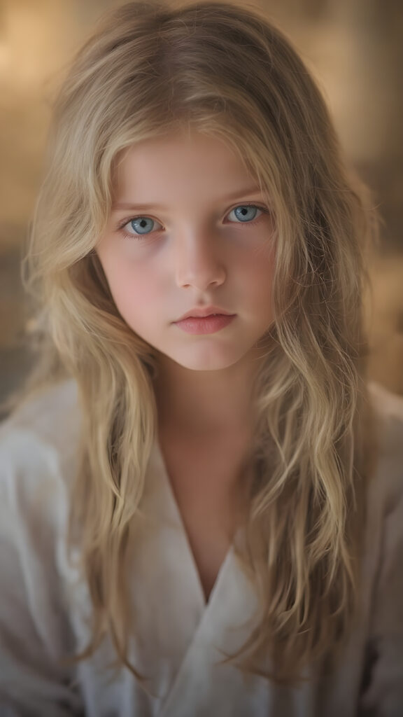 a young, beautiful girl with long, wavy, soft golden and brown hair. She resembles an angel, without wings. A wonderful aura surrounds the girl and conjures up a fantastic atmosphere; she is wearing a thin, white robe