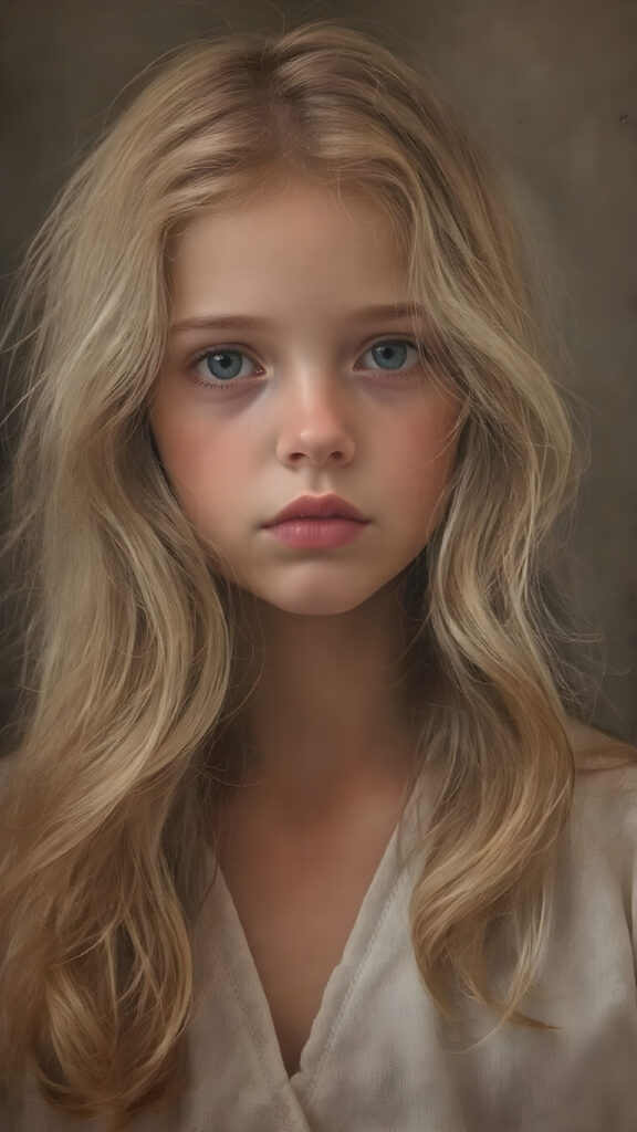 a young, beautiful girl with long, wavy, soft golden and brown hair. She resembles an angel, without wings. A wonderful aura surrounds the girl and conjures up a fantastic atmosphere; she is wearing a thin, white robe