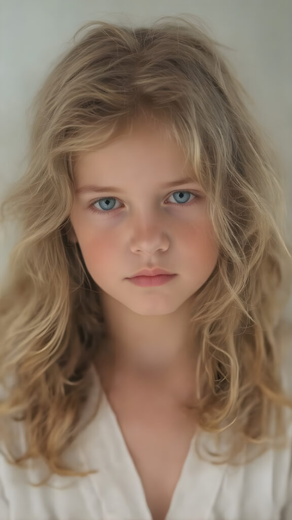 a young, beautiful girl with long, wavy, soft golden and brown hair. She resembles an angel, without wings. A wonderful aura surrounds the girl and conjures up a fantastic atmosphere; she is wearing a thin, white robe