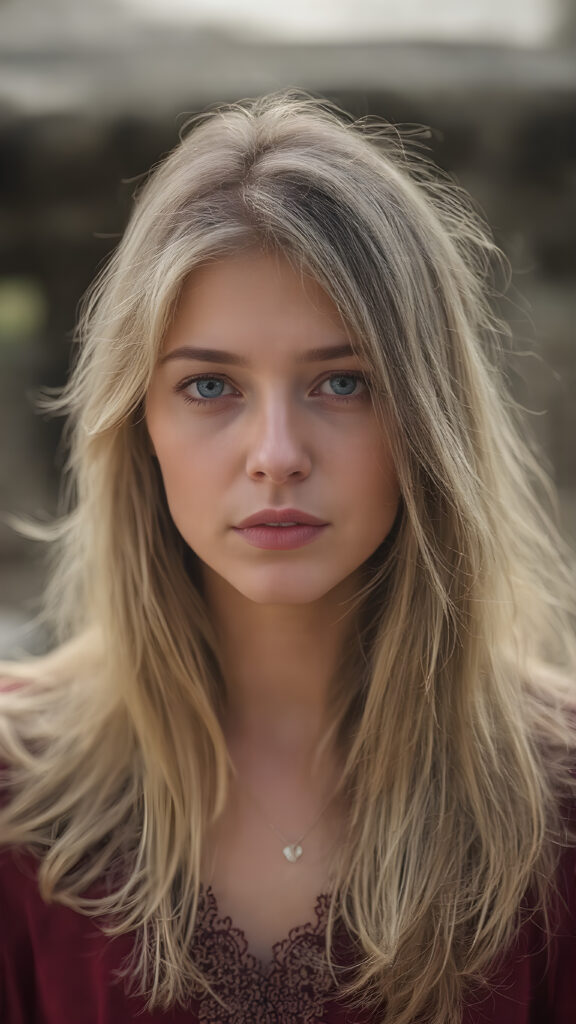 a young, beautiful woman in the costume of Eva, long straight full soft blond and brown hair falls down