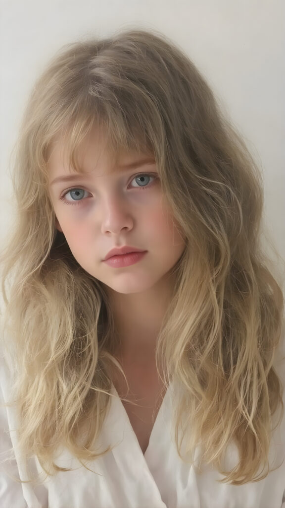 a young, beautiful girl with long, wavy, soft golden and brown hair. She resembles an angel, without wings. A wonderful aura surrounds the girl and conjures up a fantastic atmosphere; she is wearing a thin, white robe