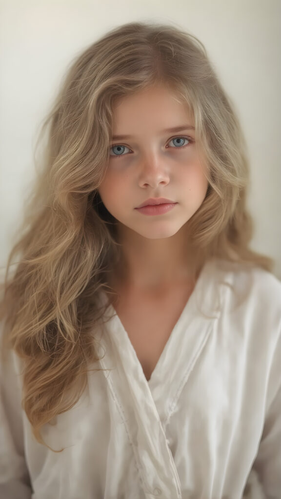 a young, beautiful girl with long, wavy, soft golden and brown hair. She resembles an angel, without wings. A wonderful aura surrounds the girl and conjures up a fantastic atmosphere; she is wearing a thin, white robe