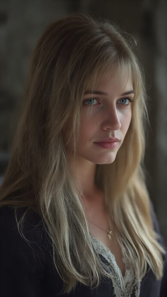 a young, beautiful woman in the costume of Eva, long straight full soft blond and brown hair falls down