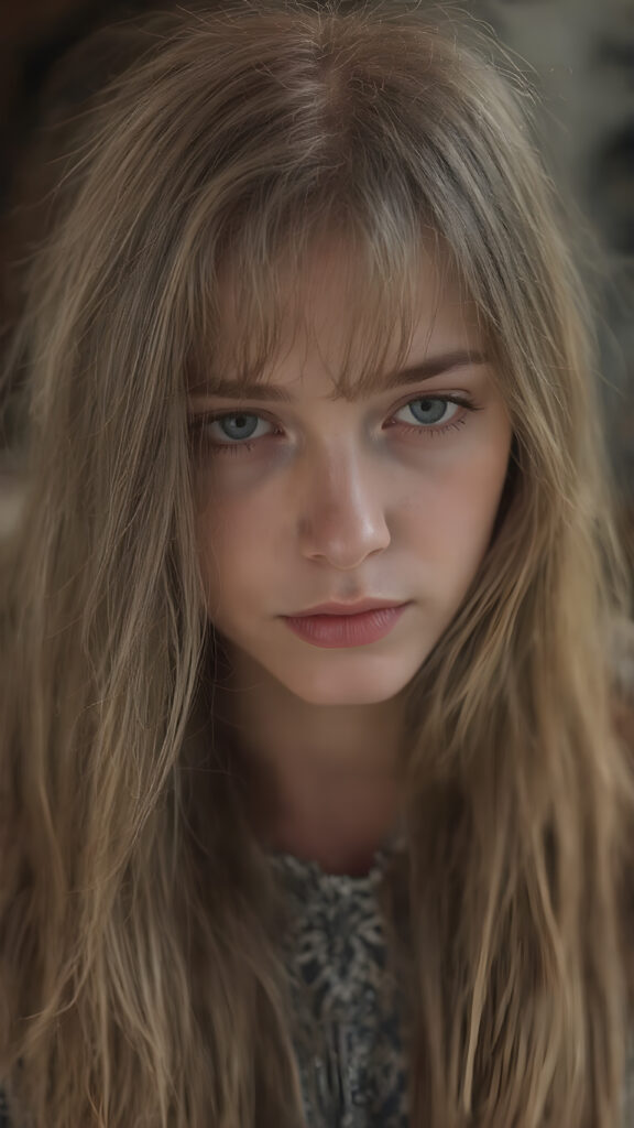 a young, beautiful woman in the costume of Eva, long straight full soft blond and brown hair falls down