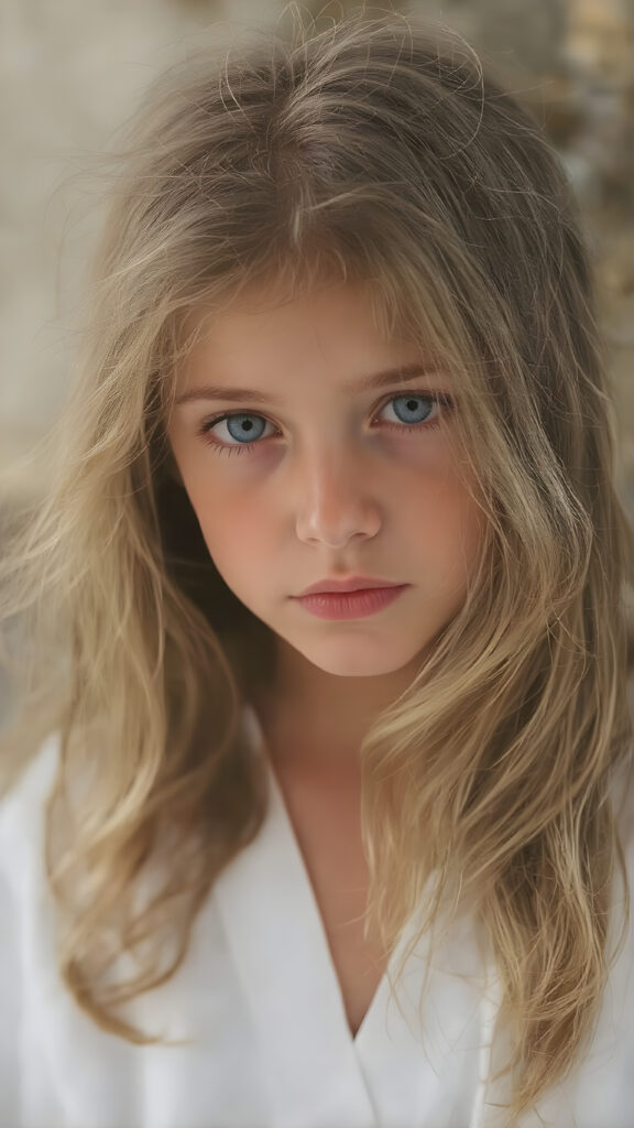 a young, beautiful girl with long, wavy, soft golden and brown hair. She resembles an angel, without wings. A wonderful aura surrounds the girl and conjures up a fantastic atmosphere; she is wearing a thin, white robe