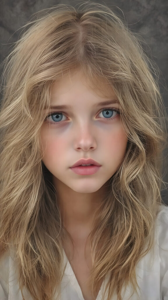 a young, beautiful girl with long, wavy, soft golden and brown hair. She resembles an angel, without wings. A wonderful aura surrounds the girl and conjures up a fantastic atmosphere; she is wearing a thin, white robe