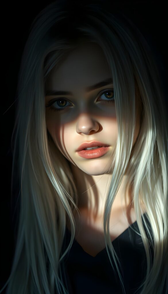 a young beautiful Exotic teen girl, dimmed light falls on her face, she has long (((platinum white straight hair))) and amber eyes, ((angelic round face)), ((realistic, detailed portrait)), dark background, perfect shadow, she wears a hoodie, looks tired at the viewer