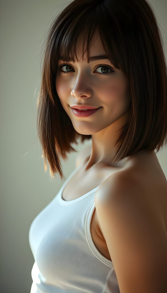 a young beautiful cute petite teen girl, warm smile, sun light falls on her, she has shoulder-length bob cut (((straight long maroon hair, bangs cut))) (her hair falls on her shoulders), and (realistic dark blue eyes), ((angelic round face)), in a dreamy, perfect shadows, she wears (a ((white tight crop tank top))), perfect curved fit body, she looks seductively at the viewer and smiles slightly, upper body, flawless skin, light background, ((side profile)) ((ultra realistic photo)) ((stunning)) ((gorgeous)) ((4k))