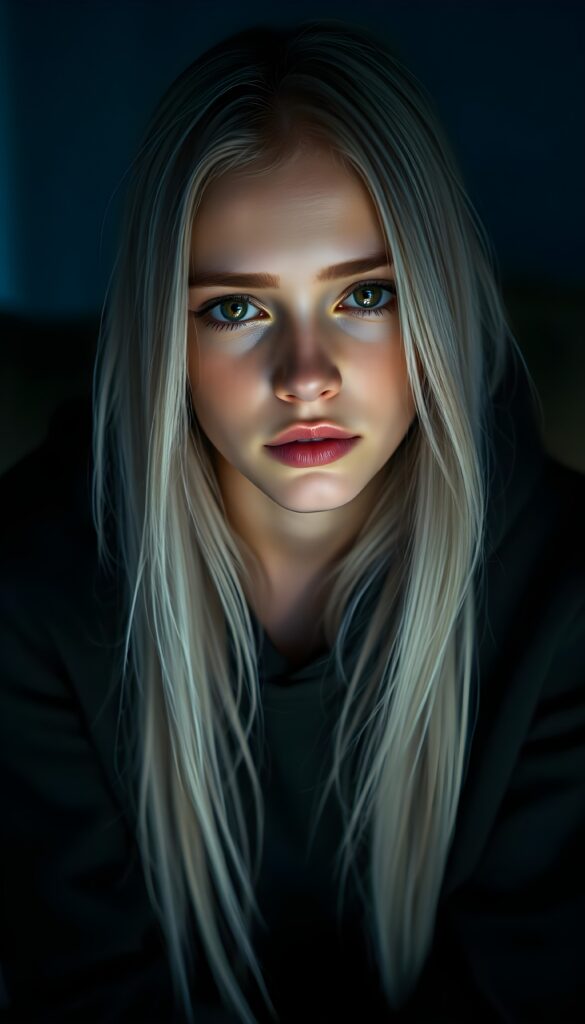 a young beautiful Exotic teen girl, dimmed light falls on her face, she has long (((platinum white straight hair))) and amber eyes, ((angelic round face)), ((realistic, detailed portrait)), dark background, perfect shadow, she wears a hoodie, looks tired at the viewer