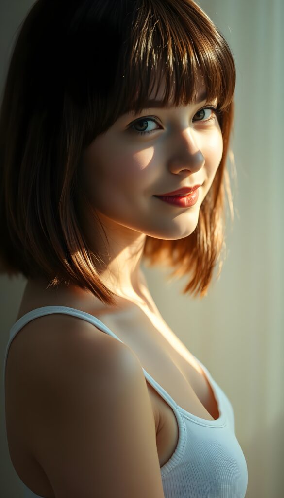 a young beautiful cute petite teen girl, warm smile, sun light falls on her, she has shoulder-length bob cut (((straight long maroon hair, bangs cut))) (her hair falls on her shoulders), and (realistic dark blue eyes), ((angelic round face)), in a dreamy, perfect shadows, she wears (a ((white tight crop tank top))), perfect curved fit body, she looks seductively at the viewer and smiles slightly, upper body, flawless skin, light background, ((side profile)) ((ultra realistic photo)) ((stunning)) ((gorgeous)) ((4k))
