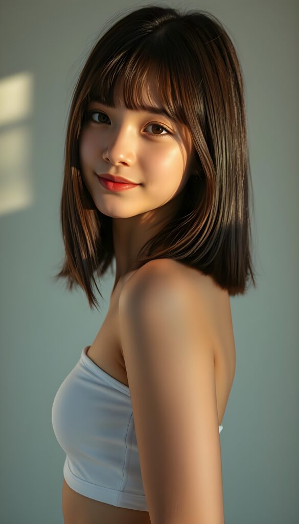 a young beautiful cute petite teen girl, warm smile, sun light falls on her, she has shoulder-length bob cut (((straight long maroon hair, bangs cut))) (her hair falls on her shoulders), and (realistic dark blue eyes), ((angelic round face)), in a dreamy, perfect shadows, she wears (a ((white tight crop tank top))), perfect curved fit body, she looks seductively at the viewer and smiles slightly, upper body, flawless skin, light background, ((side profile)) ((ultra realistic photo)) ((stunning)) ((gorgeous)) ((4k))