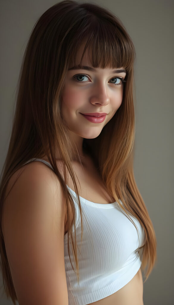 a young beautiful cute petite fit daemonic teen girl, warm smile, dimmed light falls on her, she has long (((straight long hair, bangs cut))) (her hair falls on her shoulders), and (realistic dark blue eyes), ((angelic round face)), in a dreamy, perfect shadows, she wears (a ((white tight crop tank top))), perfect curved fit body, she looks seductively at the viewer and smiles slightly, upper body, flawless skin, light background, ((side profile)) ((ultra realistic photo)) ((stunning)) ((gorgeous)) ((4k))