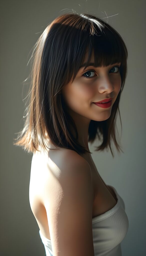 a young beautiful cute petite teen girl, warm smile, sun light falls on her, she has shoulder-length bob cut (((straight long maroon hair, bangs cut))) (her hair falls on her shoulders), and (realistic dark blue eyes), ((angelic round face)), in a dreamy, perfect shadows, she wears (a ((white tight crop tank top))), perfect curved fit body, she looks seductively at the viewer and smiles slightly, upper body, flawless skin, light background, ((side profile)) ((ultra realistic photo)) ((stunning)) ((gorgeous)) ((4k))