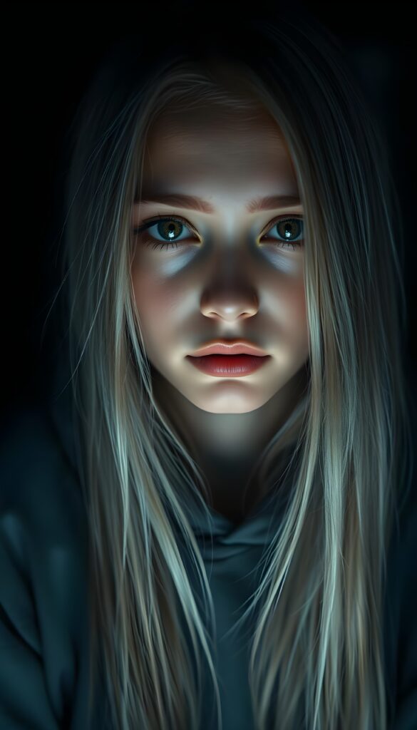 a young beautiful Exotic teen girl, dimmed light falls on her face, she has long (((platinum white straight hair))) and amber eyes, ((angelic round face)), ((realistic, detailed portrait)), dark background, perfect shadow, she wears a hoodie, looks tired at the viewer
