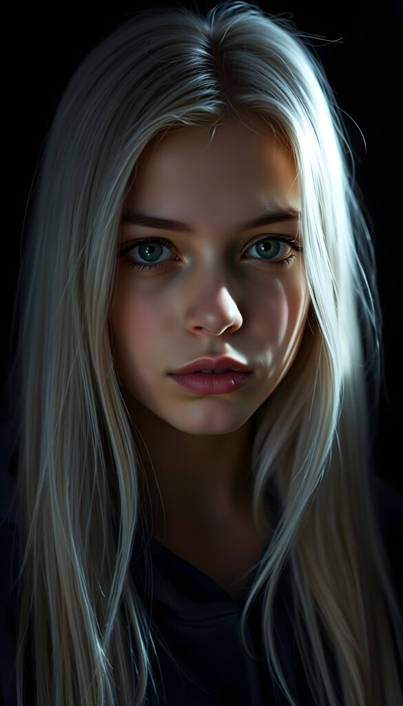 a young beautiful Exotic teen girl, dimmed light falls on her face, she has long (((platinum white straight hair))) and amber eyes, ((angelic round face)), ((realistic, detailed portrait)), dark background, perfect shadow, she wears a hoodie, looks tired at the viewer