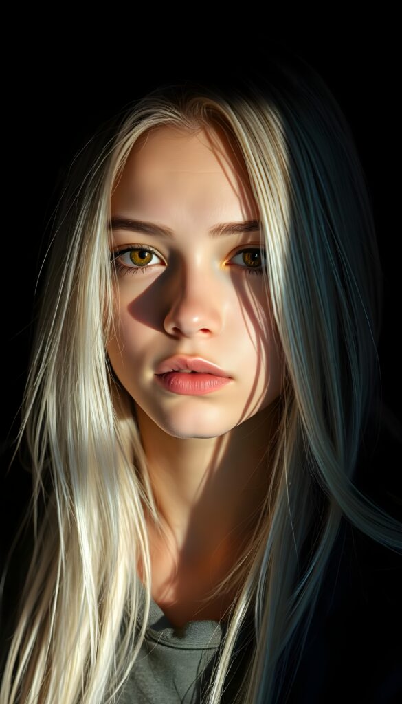 a young beautiful Exotic teen girl, dimmed light falls on her face, she has long (((platinum white straight hair))) and amber eyes, ((angelic round face)), ((realistic, detailed portrait)), dark background, perfect shadow, she wears a hoodie, looks tired at the viewer