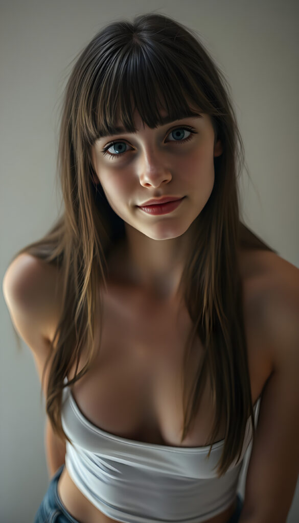 a young beautiful cute petite fit daemonic teen girl, warm smile, dimmed light falls on her, she has long (((straight long hair, bangs cut))) (her hair falls on her shoulders), and (realistic dark blue eyes), ((angelic round face)), in a dreamy, perfect shadows, she wears (a ((white tight crop tank top))), perfect curved fit body, she looks seductively at the viewer and smiles slightly, upper body, flawless skin, light background, ((side profile)) ((ultra realistic photo)) ((stunning)) ((gorgeous)) ((4k))