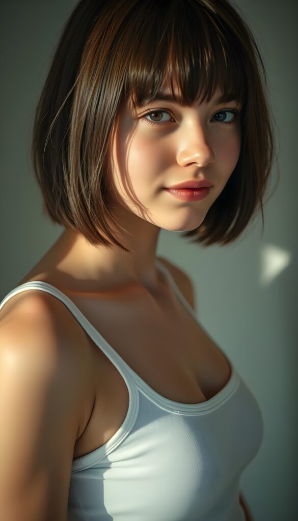 a young beautiful cute petite teen girl, warm smile, sun light falls on her, she has shoulder-length bob cut (((straight long maroon hair, bangs cut))) (her hair falls on her shoulders), and (realistic dark blue eyes), ((angelic round face)), in a dreamy, perfect shadows, she wears (a ((white tight crop tank top))), perfect curved fit body, she looks seductively at the viewer and smiles slightly, upper body, flawless skin, light background, ((side profile)) ((ultra realistic photo)) ((stunning)) ((gorgeous)) ((4k))
