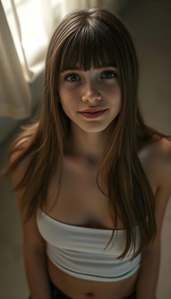 a young beautiful cute petite fit daemonic teen girl, warm smile, dimmed light falls on her, she has long (((straight long hair, bangs cut))) (her hair falls on her shoulders), and (realistic dark blue eyes), ((angelic round face)), in a dreamy, perfect shadows, she wears (a ((white tight crop tank top))), perfect curved fit body, she looks seductively at the viewer and smiles slightly, upper body, flawless skin, light background, ((side profile)) ((ultra realistic photo)) ((stunning)) ((gorgeous)) ((4k))