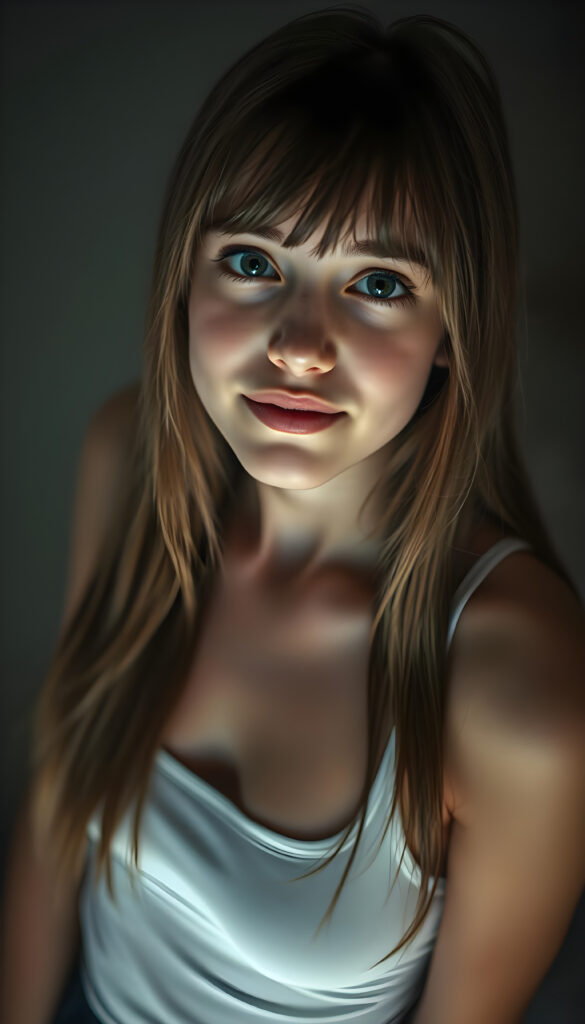 a young beautiful cute petite fit daemonic teen girl, warm smile, dimmed light falls on her, she has long (((straight long hair, bangs cut))) (her hair falls on her shoulders), and (realistic dark blue eyes), ((angelic round face)), in a dreamy, perfect shadows, she wears (a ((white tight crop tank top))), perfect curved fit body, she looks seductively at the viewer and smiles slightly, upper body, flawless skin, light background, ((side profile)) ((ultra realistic photo)) ((stunning)) ((gorgeous)) ((4k))